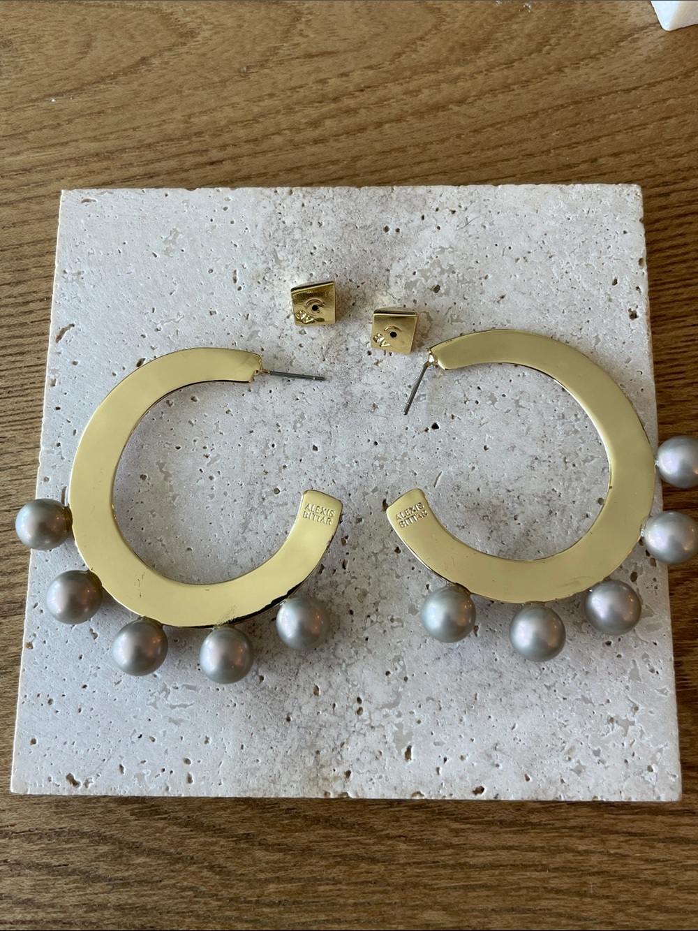 Alexis Bittar Gold Hoops with Silver-Gray Pearl Drops
